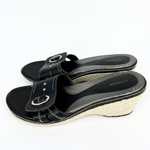 Croft & Barrow Flossie Sandals Slides 8M Black Leather Weave Wedge GothGirl Emo